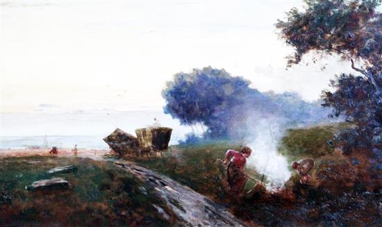 H. Martin Figures in open landscapes at dusk, 12 x 20in.